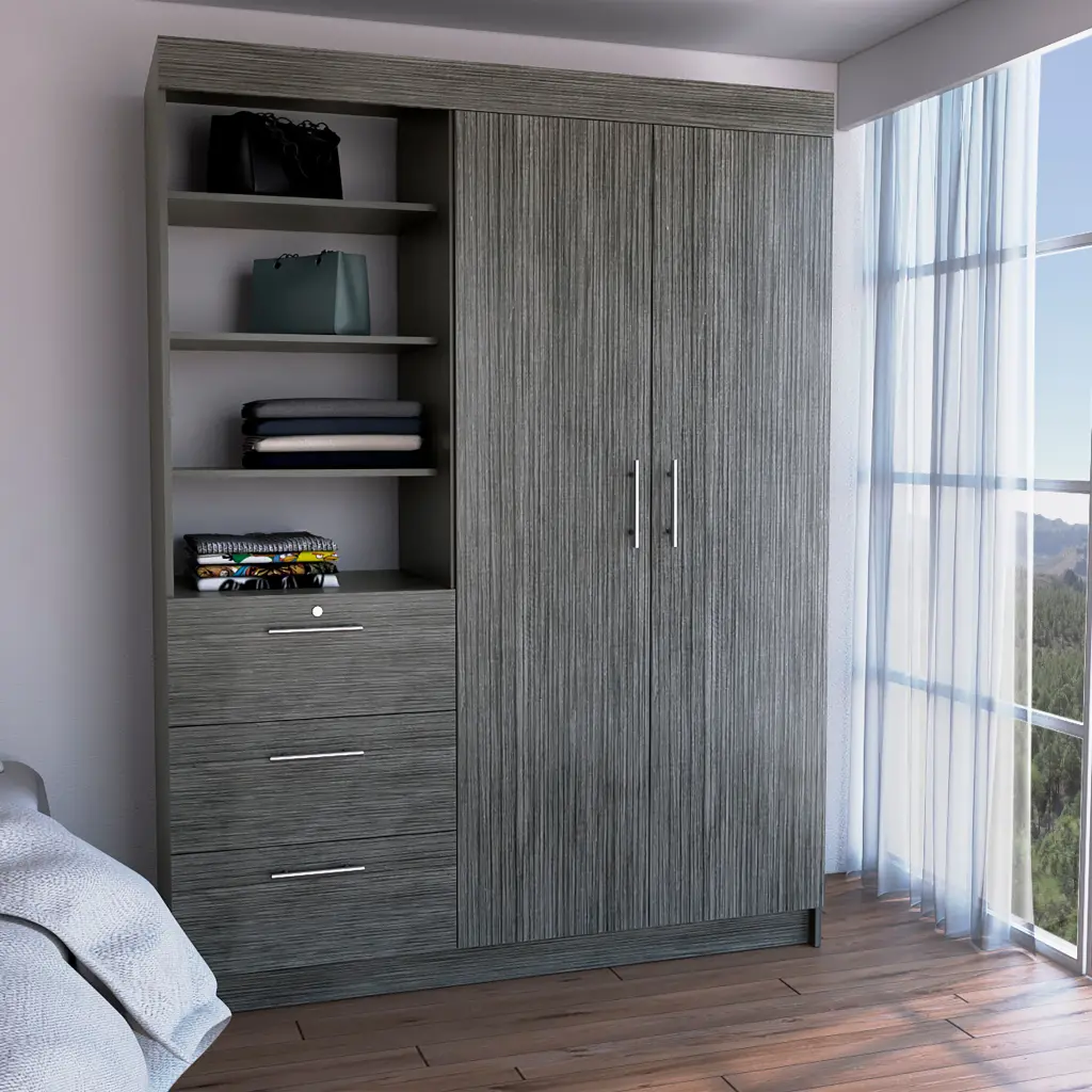 Kenya Armoire Double Doors Three Drawers 3 Tier Shelf Double Hanging Rods tuhome