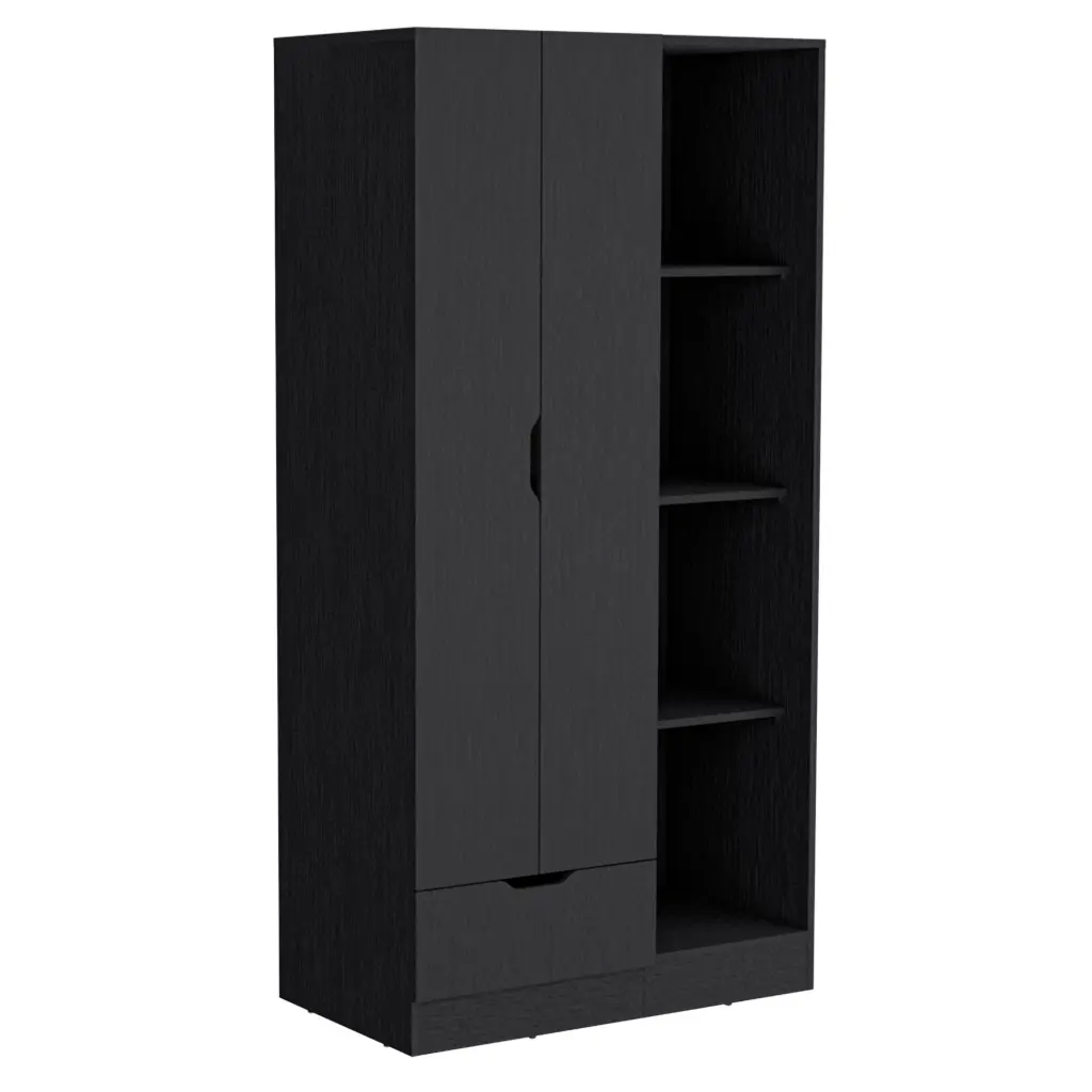 Armoire 71 Inch Height 1 Drawer And 4 Tier Open Shelves 2 Doors Black Storage depot e-shop
