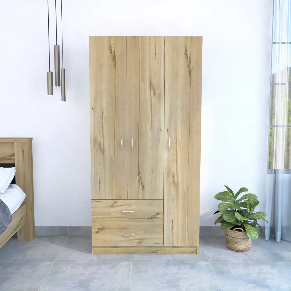 Rowaton 2 Drawer 3 Door Armoire Light Oak Finish Bedroom Particle Board furniture max