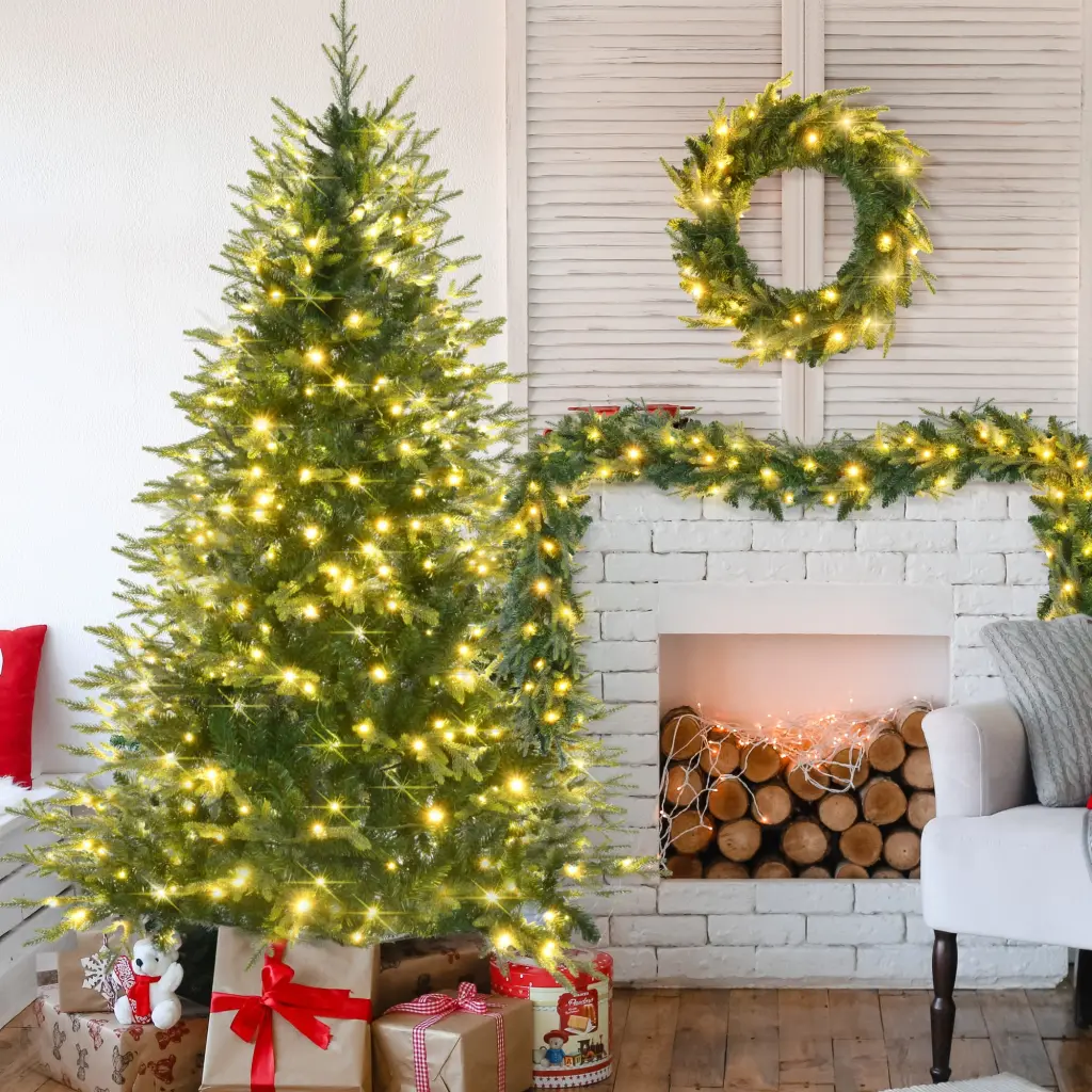6Ft Pre Lit Aspen Fir Artificial Christmas Tree Wreath and Garland Set go