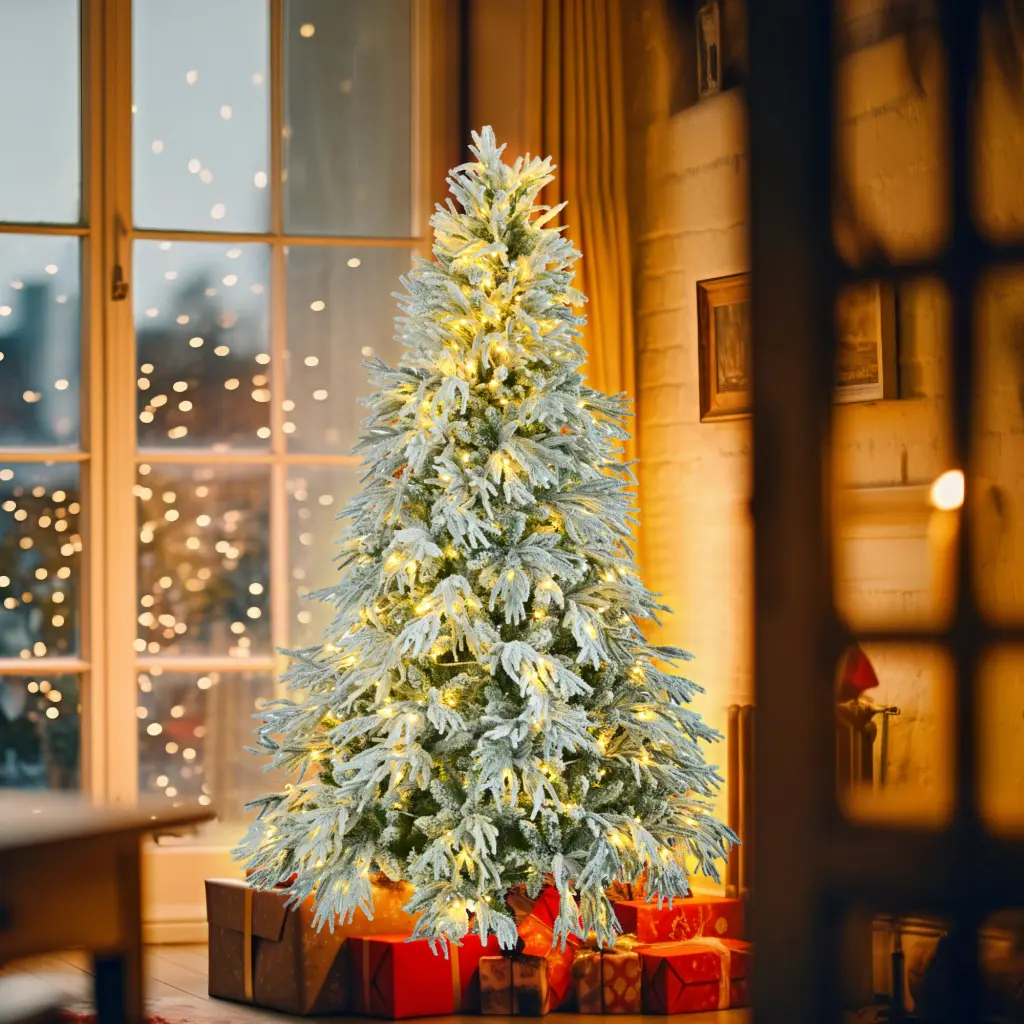 6Ft Pre Lit Spruce Snow Flocked Artificial Christmas Tree Hinged Xmas Tree go