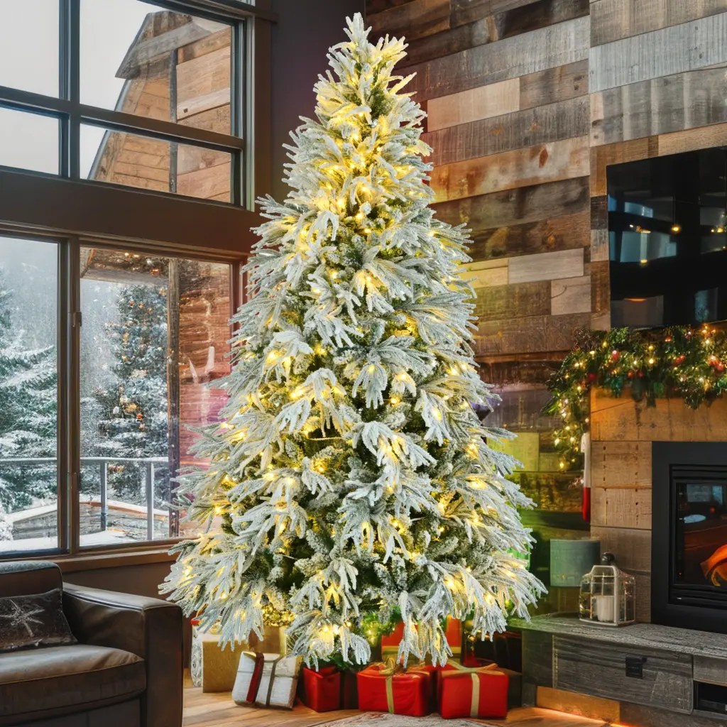 7.5Ft Pre Lit Spruce Snow Flocked Christmas Tree Artificial Hinged Xmas Tree go