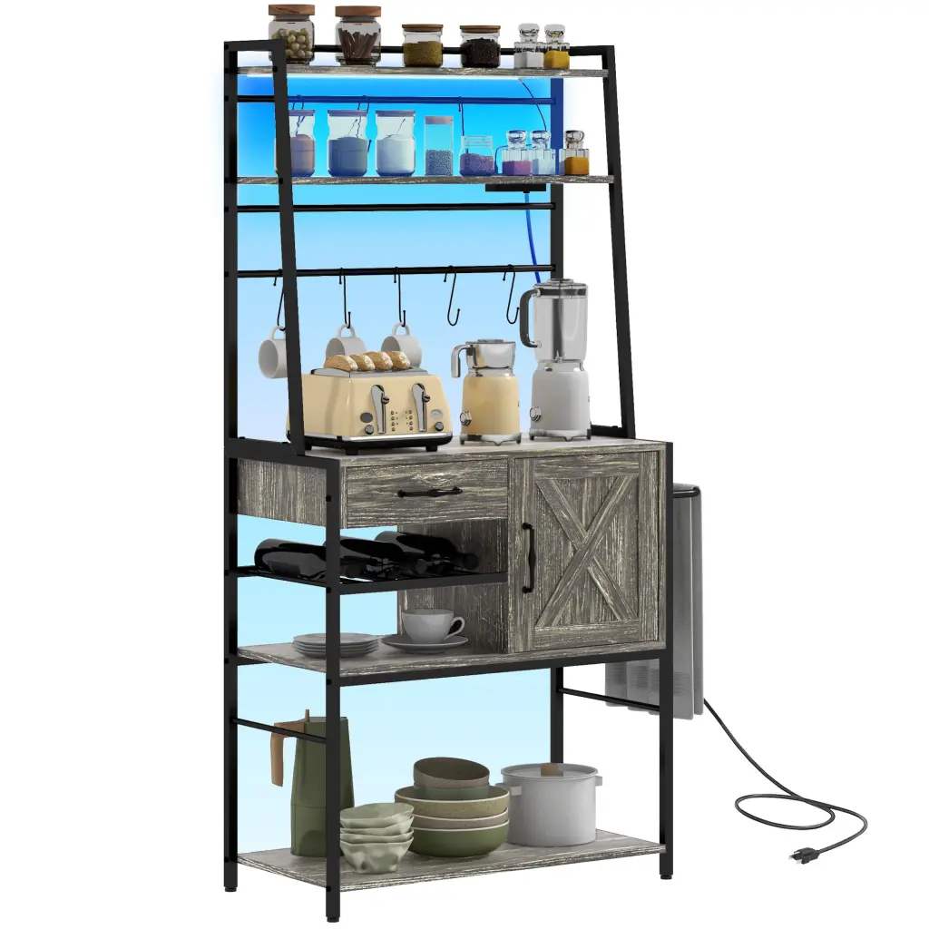 Homcom Baker's Rack Power Outlet LED Lights Coffee Bar Station aosom business