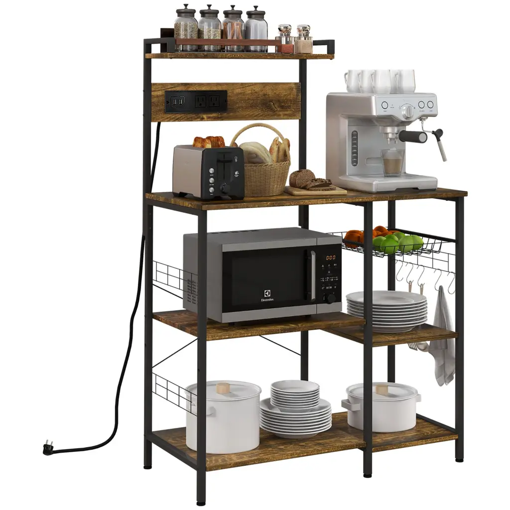 Homcom Bakers Rack Power Outlet USB Charger Microwave Stand Kitchen Storage Shelf aosom business