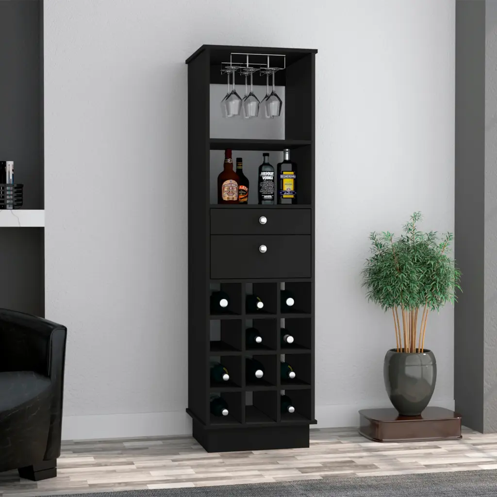 Black Wengue 12 Bottle 2 Drawer 1 Shelf Bar Cabinet Black Particle Board furniture max