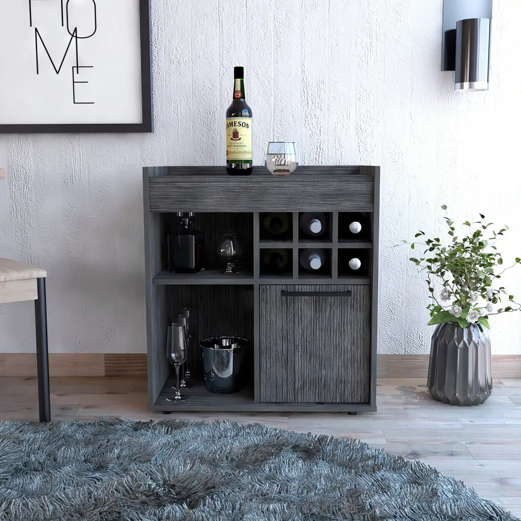 Smokey Oak 6 Bottle 2 Shelf Bar Cabinet Gray Particle Board Home Bar Furniture furniture max
