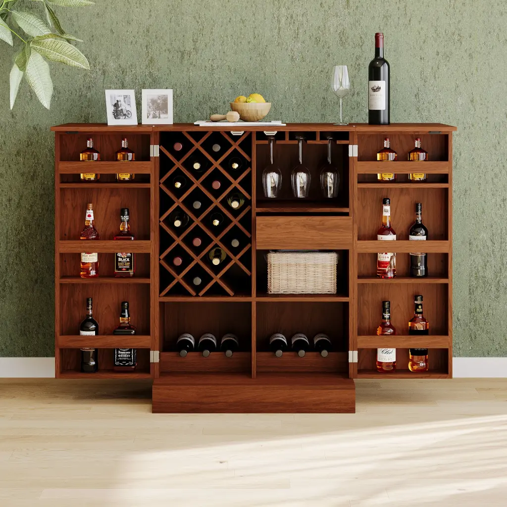 41.9 Inch Home Bar Cabinet Industrial Walnut Rattan Door Fold Out Bar memory valley