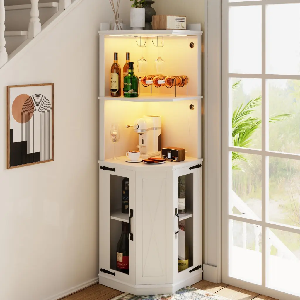 67.7 Inch Corner Bar Cabinet Power Outlet Farmhouse Wine Bar Cabinet memory valley