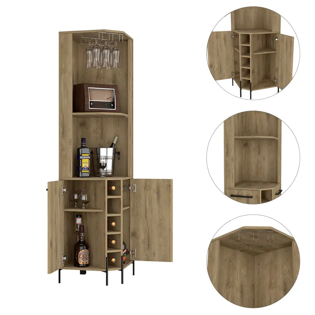 Hans Corner Bar Cabinet Two Shelves Five Constructed Wine Rack Macadamia tuhome