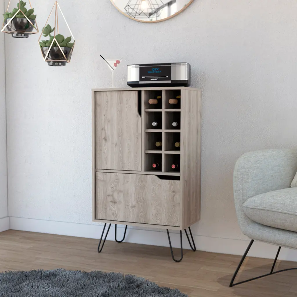 Manhattan L Bar Cabinet Eight Constructed Wine Rack Single Door Light Gray Home Bar tuhome