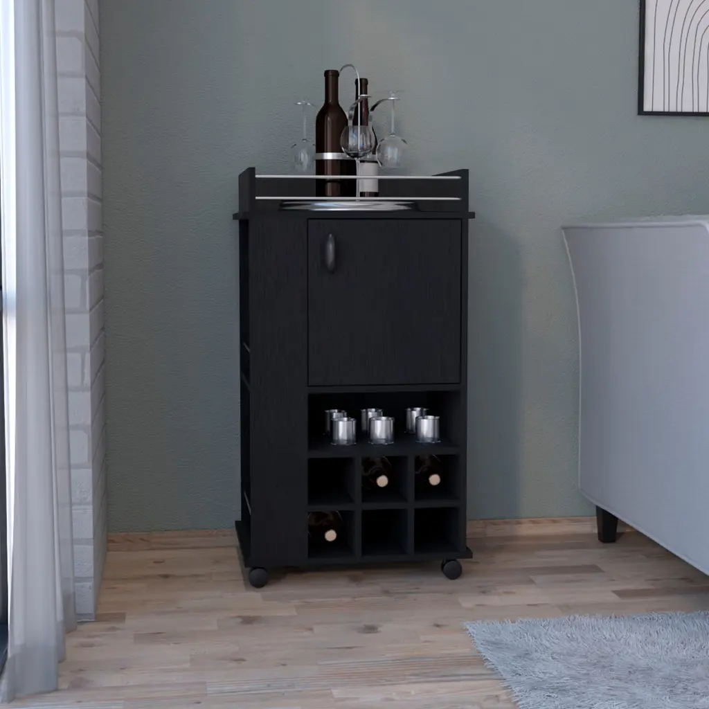 Bar Cart 6 Bottle Wine Rack and Casters Black Particle Board depot e-shop