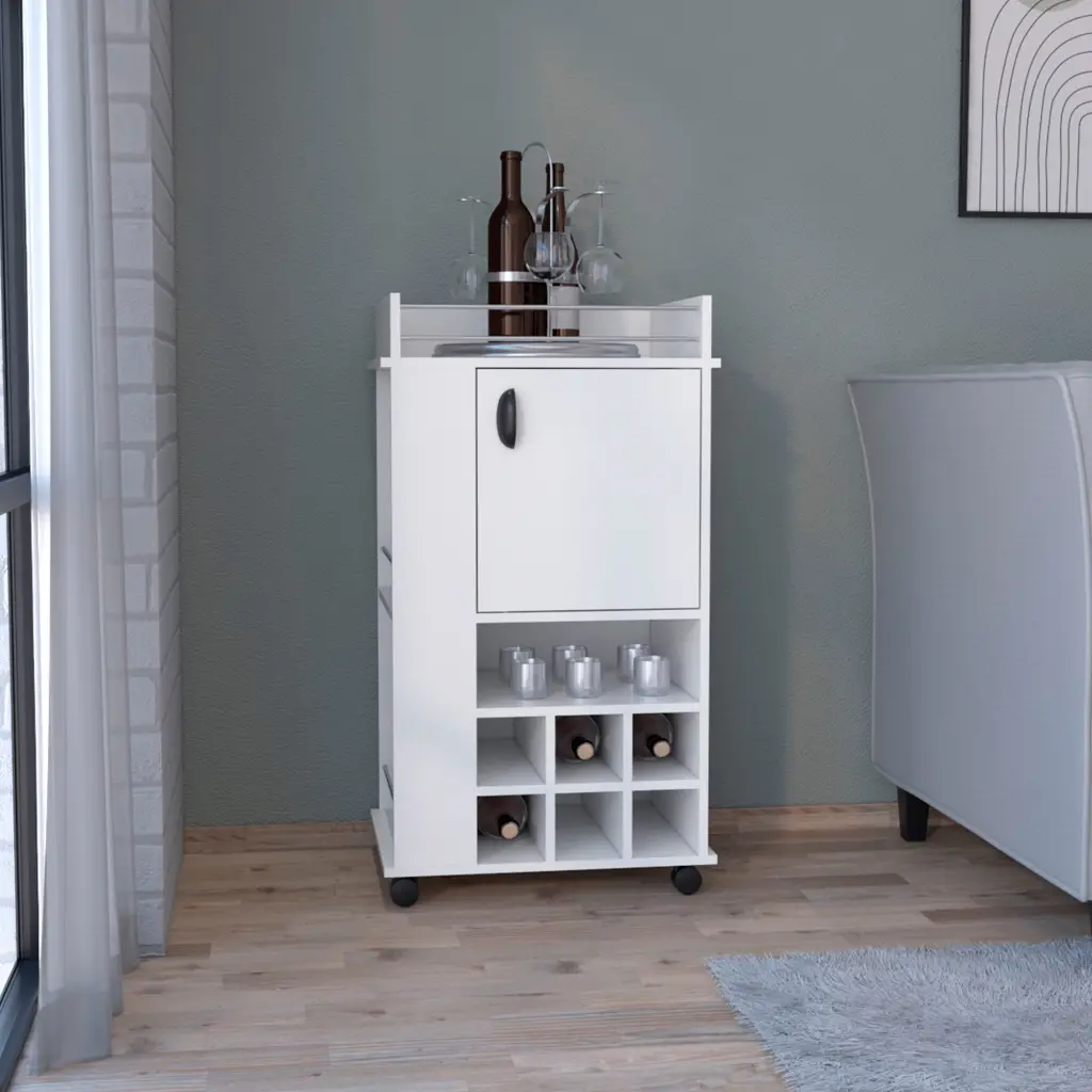 Bar Cart 6 Bottle Wine Rack And Casters White Particle Board Mobile Cart depot e-shop
