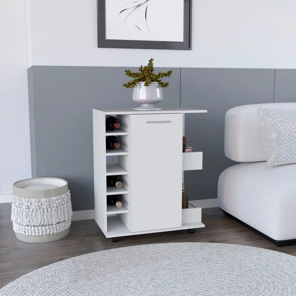 White 4 Wheel Bar Cart Cabinet 6 Side Shelves Kitchen or Living Room depot e-shop