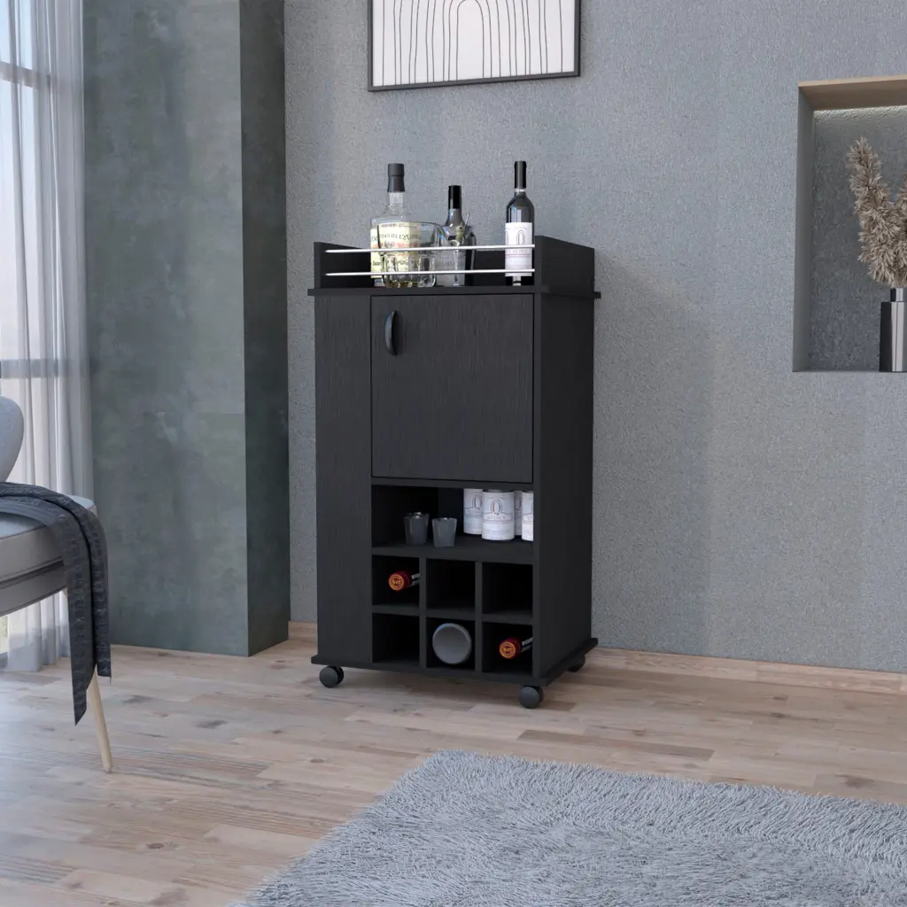 Farson Bar Cart 2 Side Shelves 6-Bottle Wine Rack and Casters fm furniture