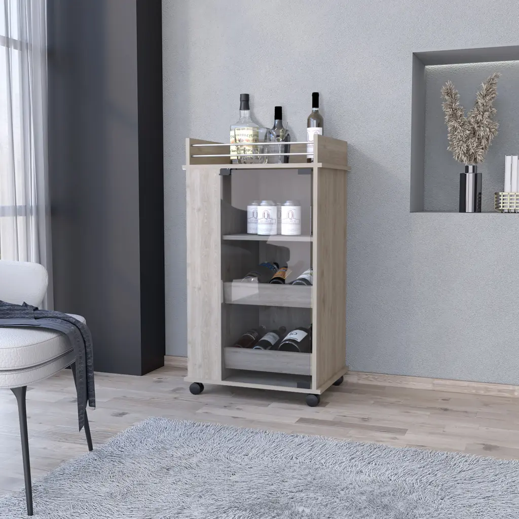 Lusk Bar Cart 2 Bottle Holder Glass Door and Casters fm furniture