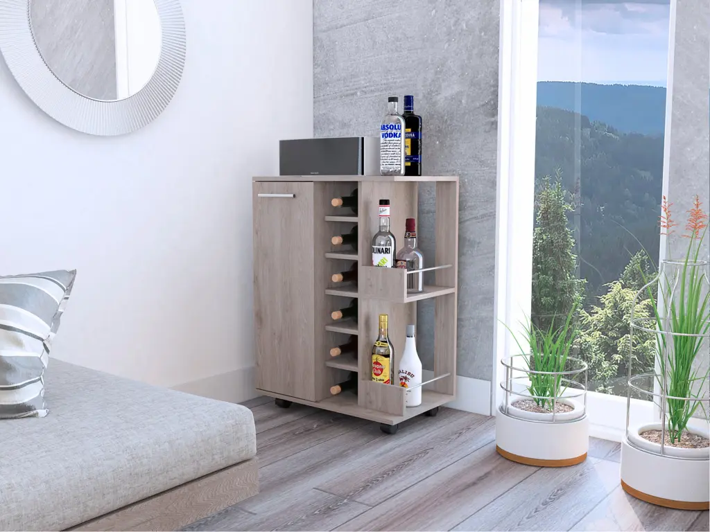 Bartlet 2 Shelf 6 Bottle Bar Cart Division Light Oak Finish furniture max