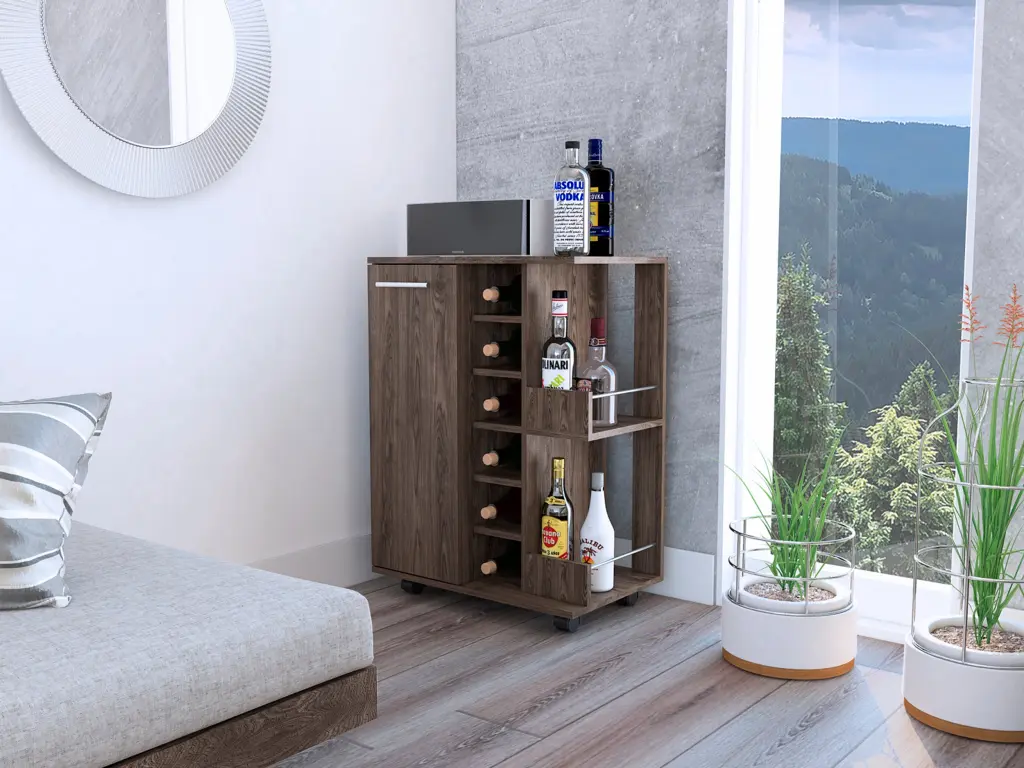Bartlet 2 Shelf 6 Bottle Bar Cart Division Dark Walnut Brown furniture max