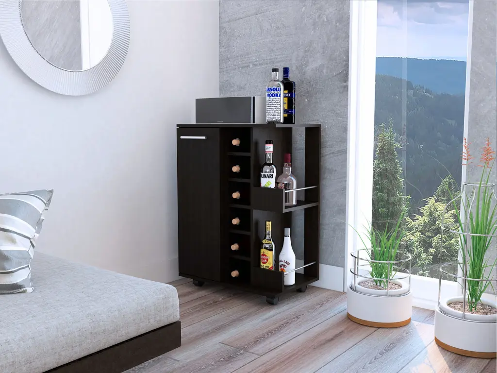 Bartlet 2 Shelf 6 Bottle Bar Cart Division Black Wengue Particle Board furniture max