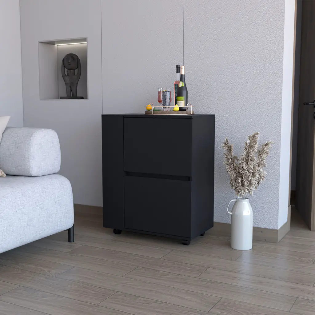 Black 2-Tier Cabinet Bar Cart Kitchen Living Room Rectangular Design furniture max