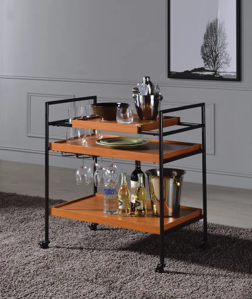 Honey Oak and Black Serving Cart Stemware Rack Dining Room furniture max