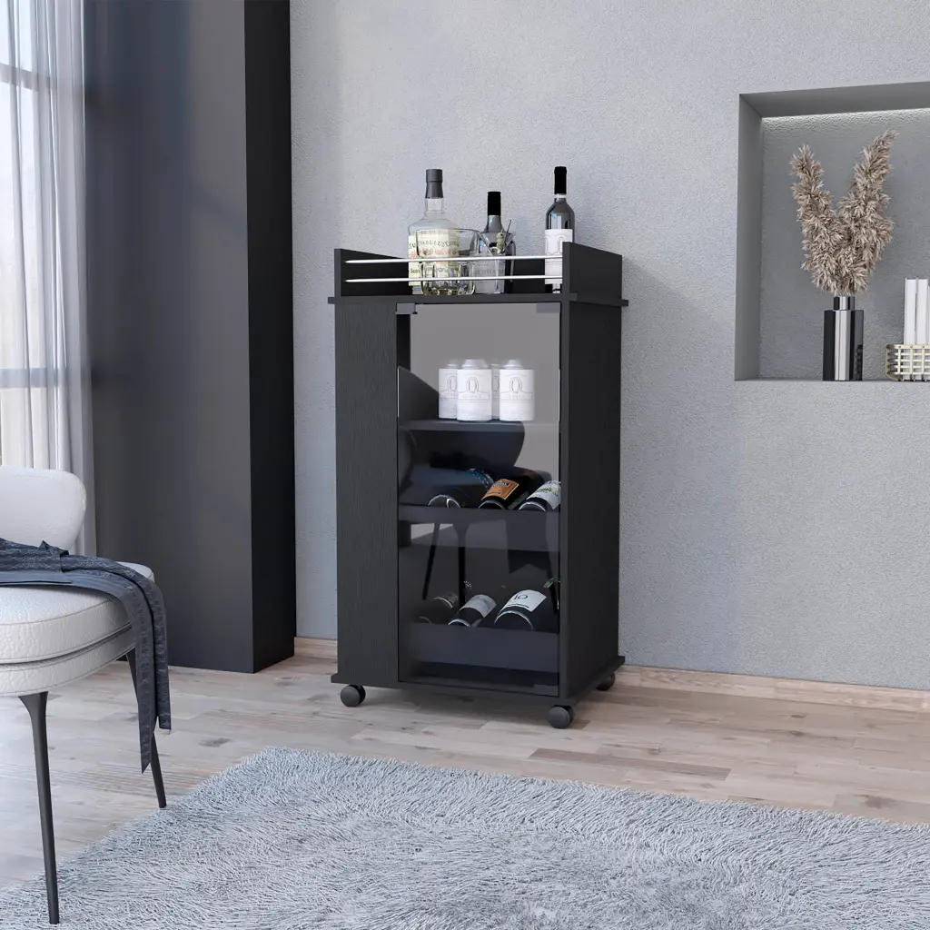 Willow Park Glass Door Bar Cart Bottle Holder and Casters Black furniture max