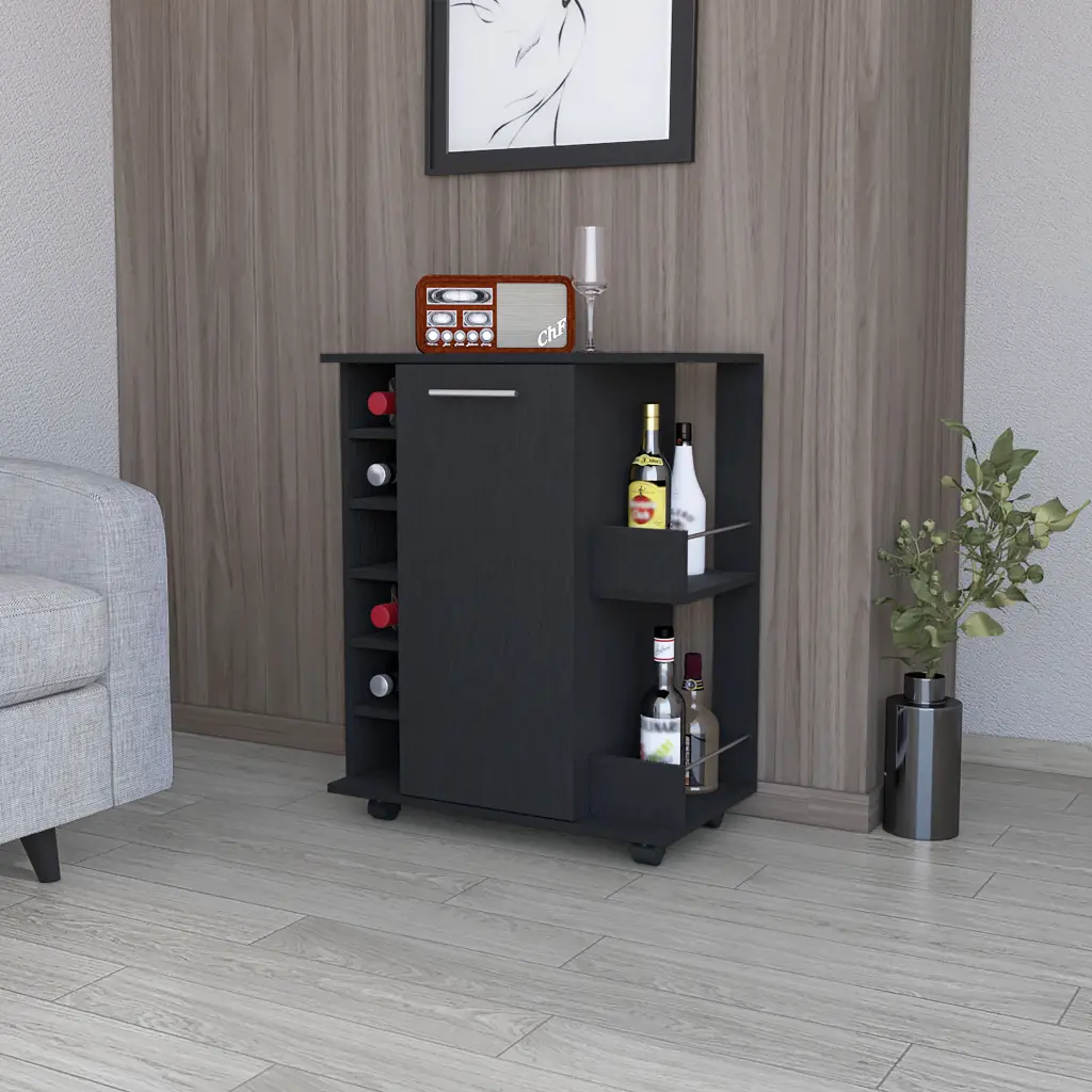 Woodland Bar Cart Casters Wine Rack and Open Shelf Black Engineered Wood furniture max