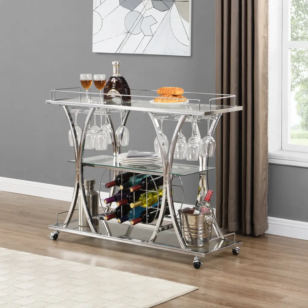 Contemporary Chrome Bar Cart Wine Rack Silver Modern Glass Metal ghn
