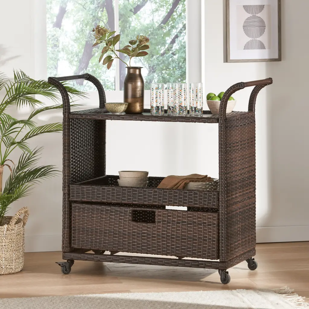 Corona Bar Cart Brown PE Rattan Iron Mobile Serving Cart Home Bar and Kitchen nh-cloudhouse