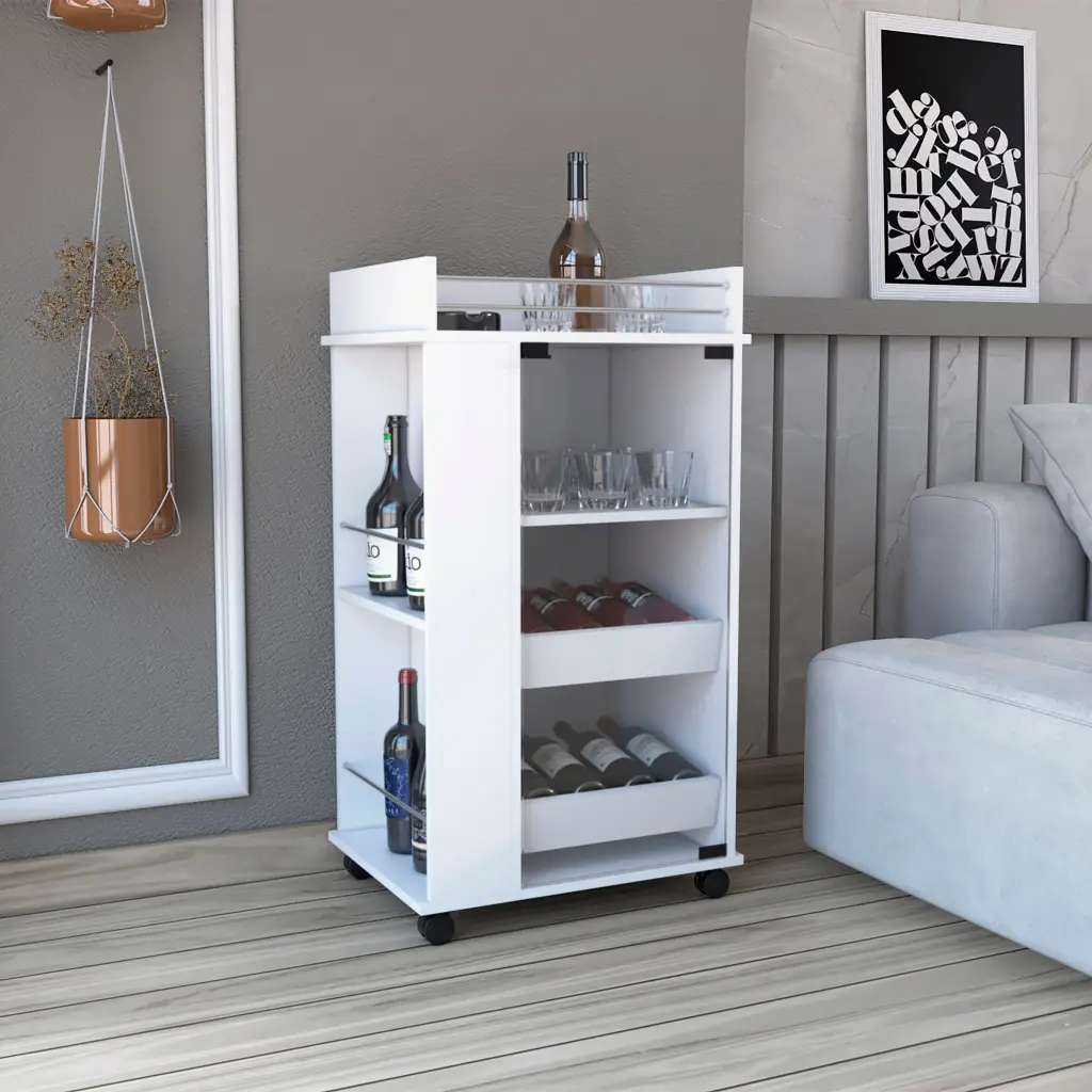 White Coffee Snacks Bar Cart Cabinet Wheels Glass Door 2 Internal Shelves Mobile rta mubles colombia