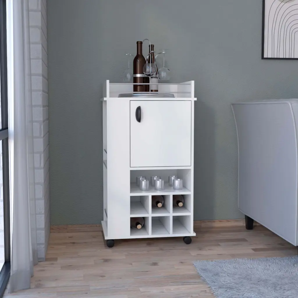 White 4 Wheel Bar Cart Cabinet Kitchen or Living Room 6 Built- Shelves - Mobile Storage Solution rta mubles colombia