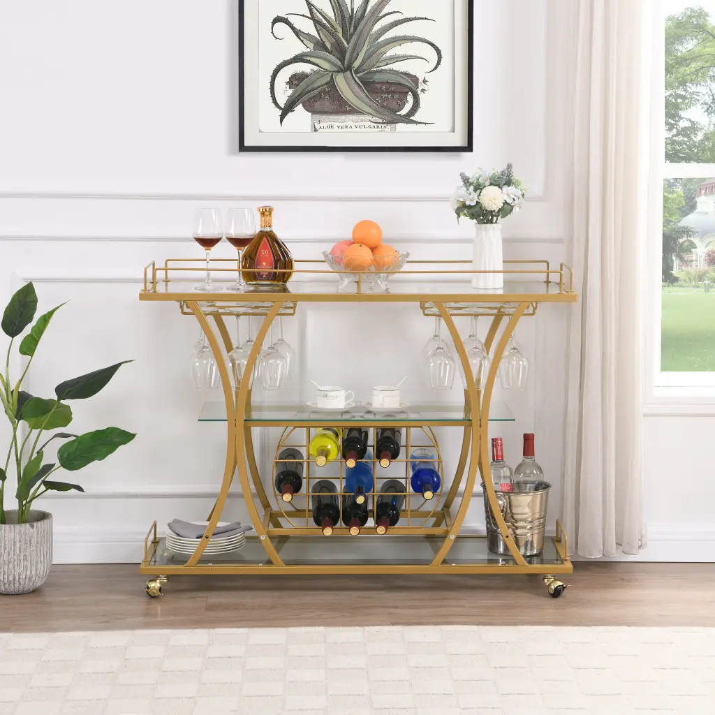 Golden Bar Cart Wine Rack Tempered Glass Metal Frame Wine Storage Solution s-e furniture