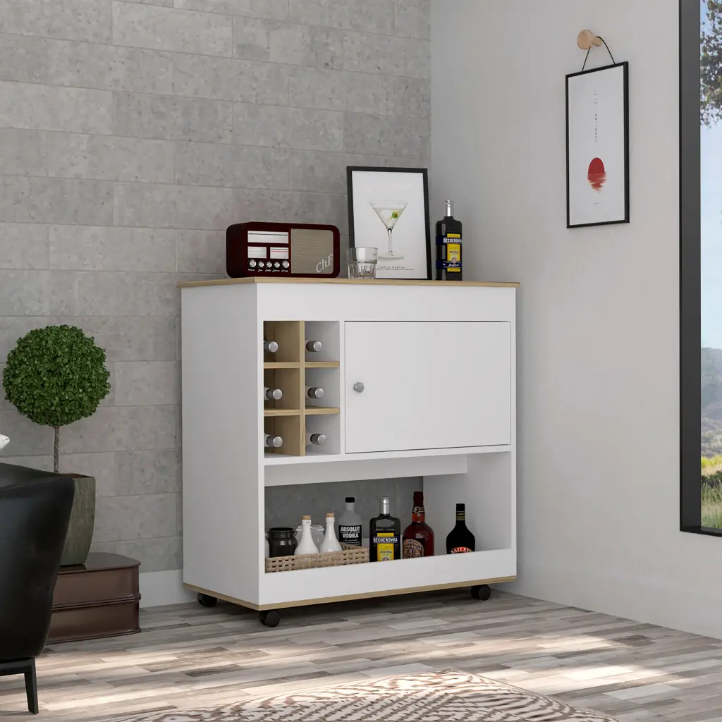 Camelia Bar Cart Lower Panel Six Bottle Cubbies and Cabinet Light tuhome