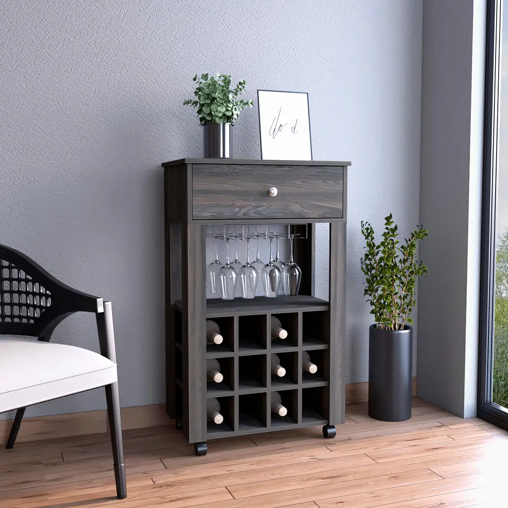 Memphis Bar Cart Twelve Constructed Wine Rack Four Legs One Open Shelf tuhome