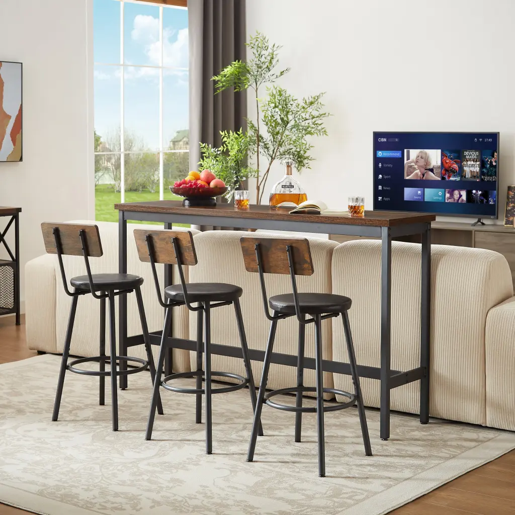 Long Bar Table Set 3 Pu Upholstered Bar Stools Industrial Style Dining Furniture cz store