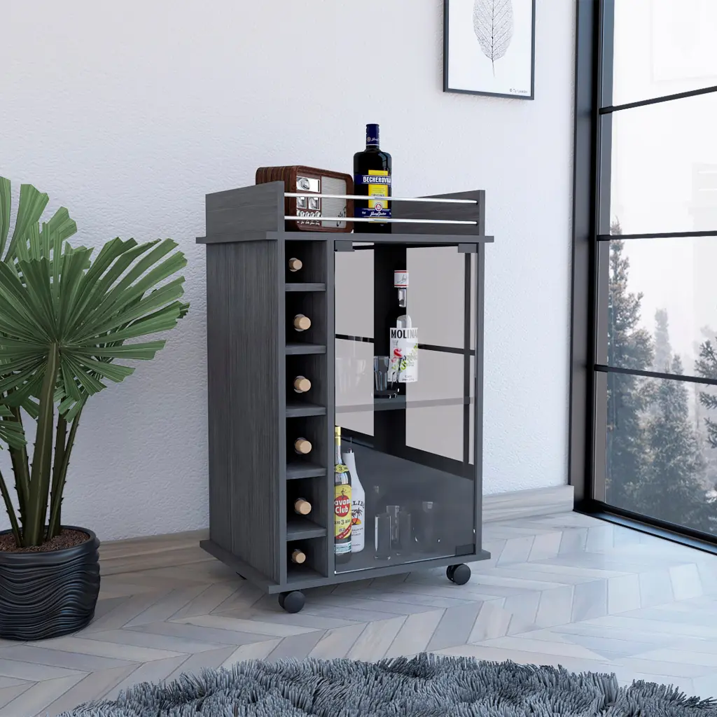 Bar Cart Baltimore Six Wine Cubbies Smokey Oak Gray Finish treevol furniture