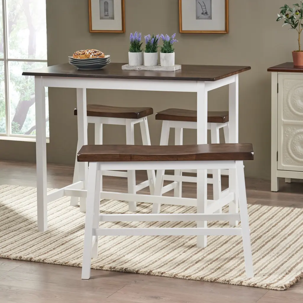 Bar Set Brown White Rubber Wood 3-Piece Counter Height Table and Stools nh-purenest