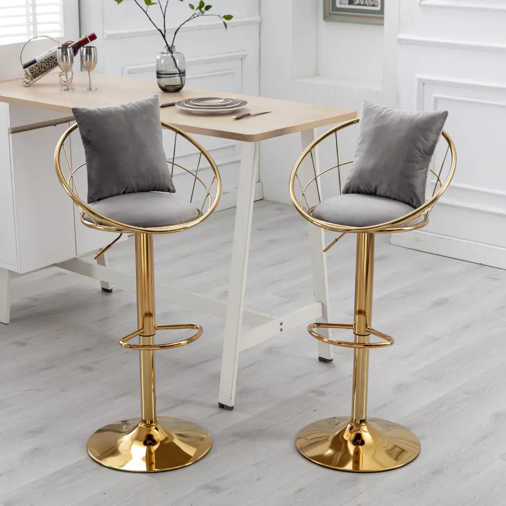 Grey Velvet Bar Chair Pure Gold Plated 360 Degree Rotating One---kind Design zen zone