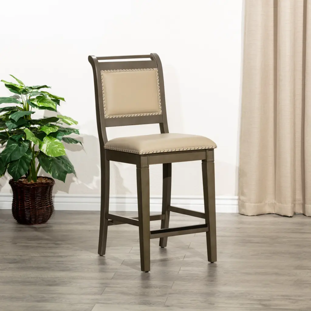 24 Inch Counter Stool Weathered Gray Finish French Gray Leather Seat dty home