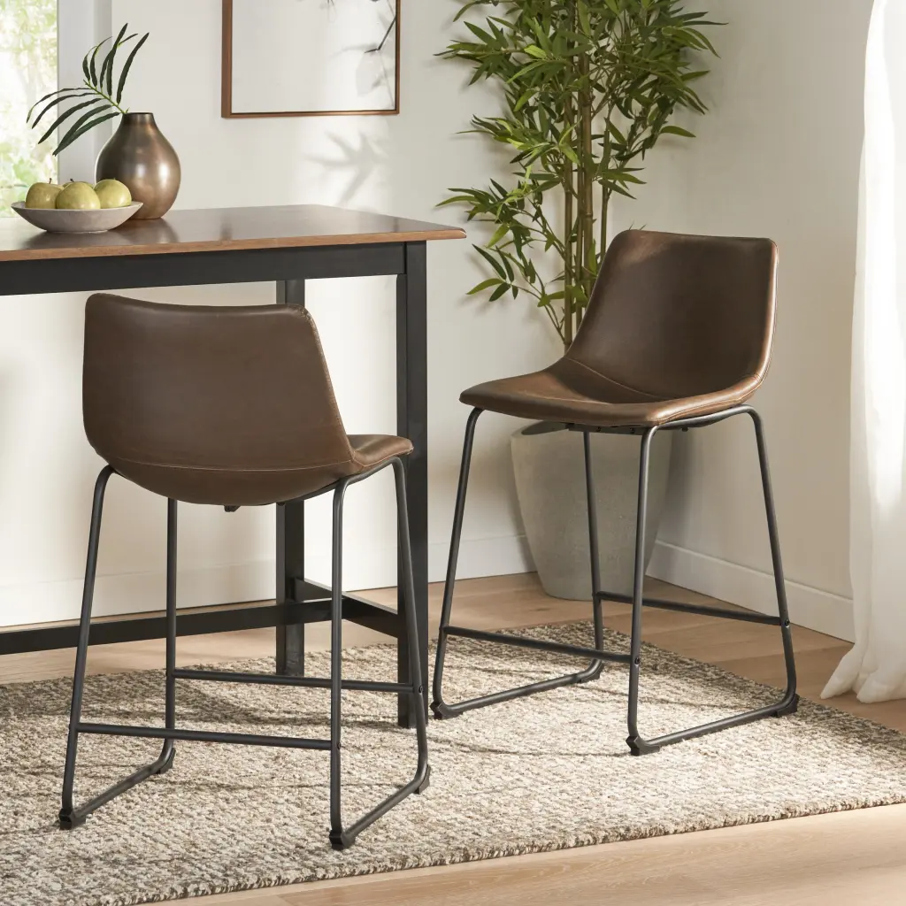 Vintage Style Brown 24 Inch Counter Stool Set 2 Brown PU Leather nh-onfind