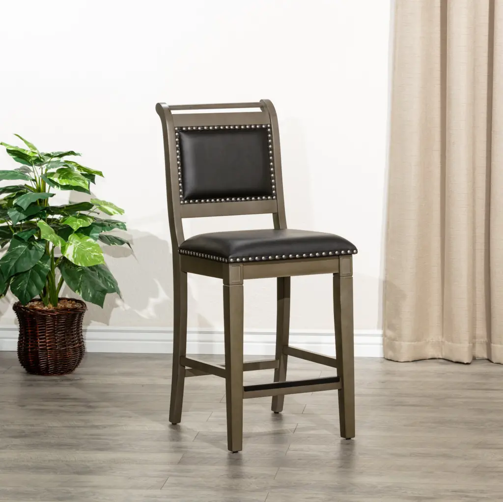 24 Inch Counter Stool Weathered Gray Finish and Black Leather Seat dty home