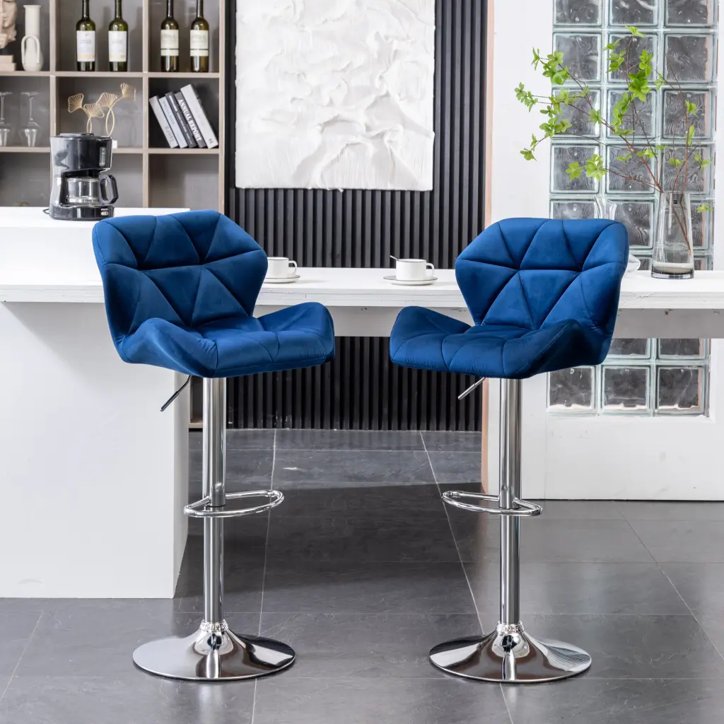 Breni Velvet Diamond Tufted Swivel Adjustable Height Barstool Set 2 hz