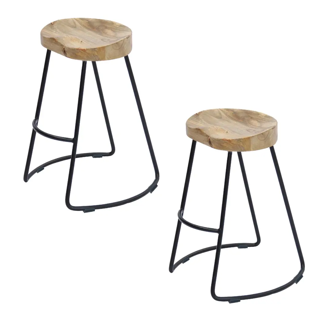 Ela 30 Inch Mango Wood Industrial Barstool Saddle Seat Iron Frame royal hampton