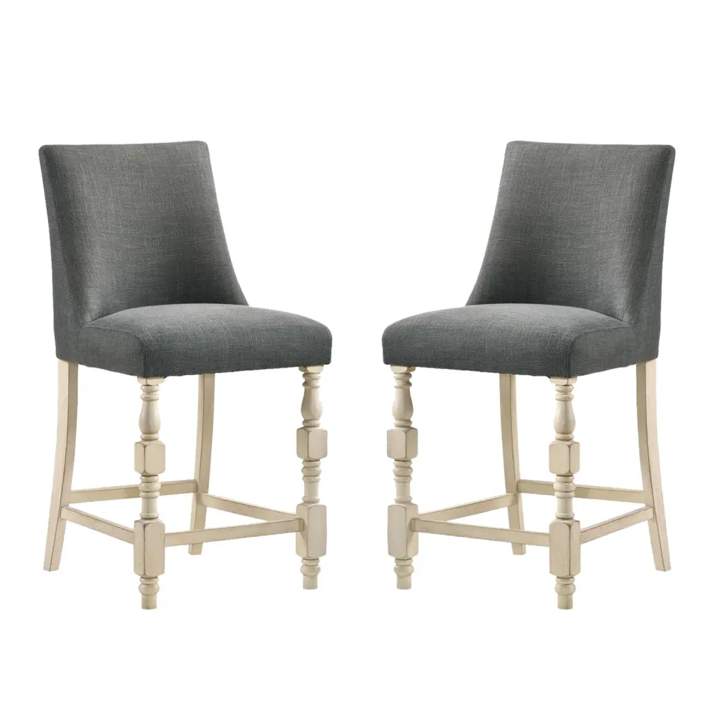Set 2 Upholstered Dark Gray Fabric Counter Height Chairs Ivory Finish simple relax