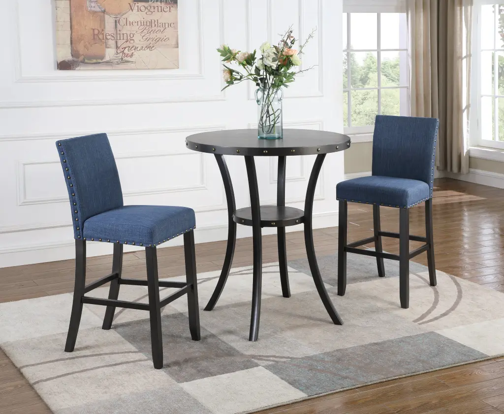 Biony 3-Piece 36 Inch Round Espresso Finish Bar Table 2 Blue Fabric Stools hz