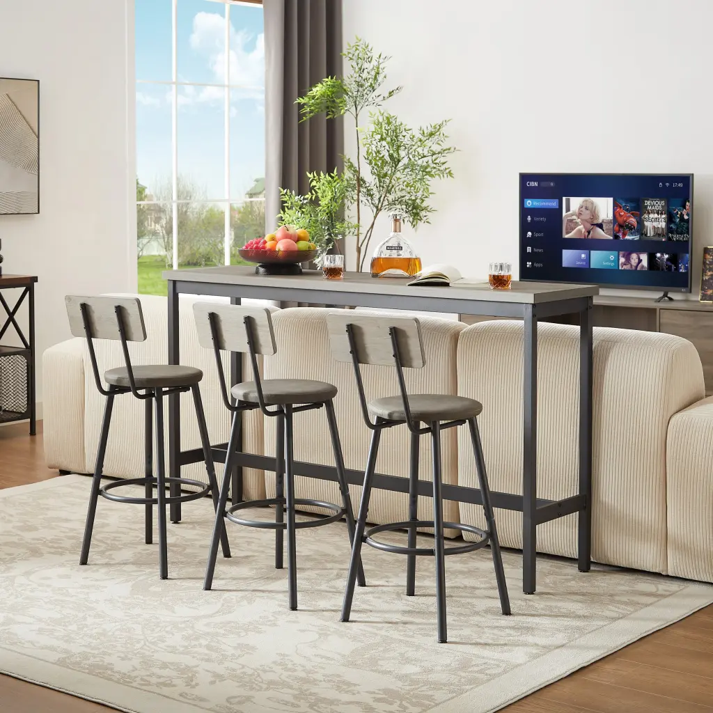 Long Bar Table Set 3 PU Upholstered Bar Stools Industrial Bar Table cz store