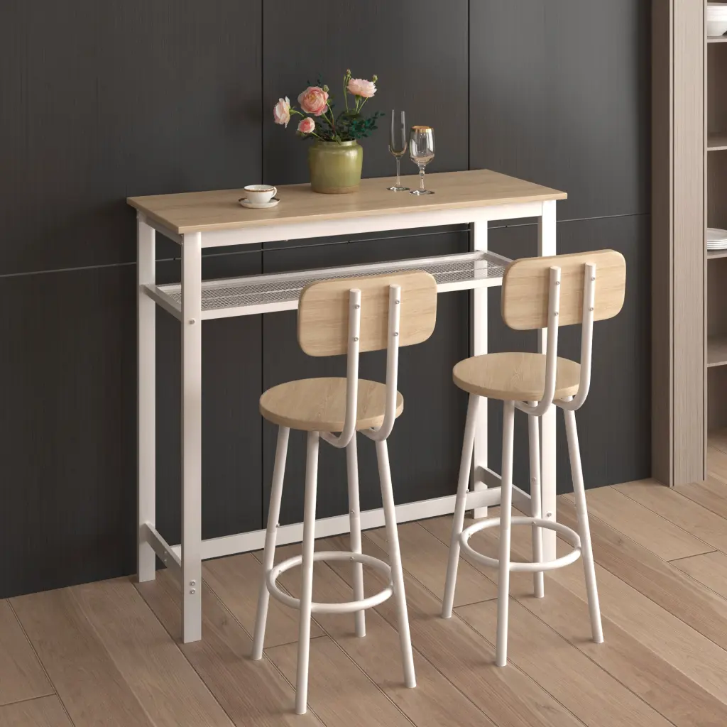 Bar Table 2 Bar Stools Backrest and Partition Beige Kitchen Furniture hs furniture