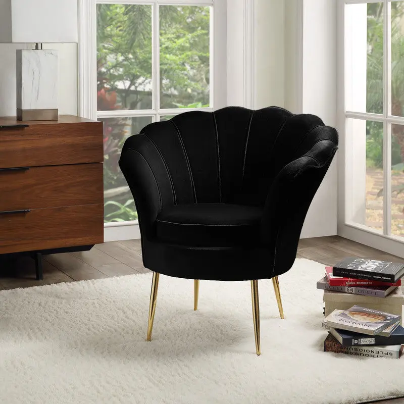 Angelina 34 Inch Black Velvet Soped Back Barrel Accent Chair Metal Legs lilola home