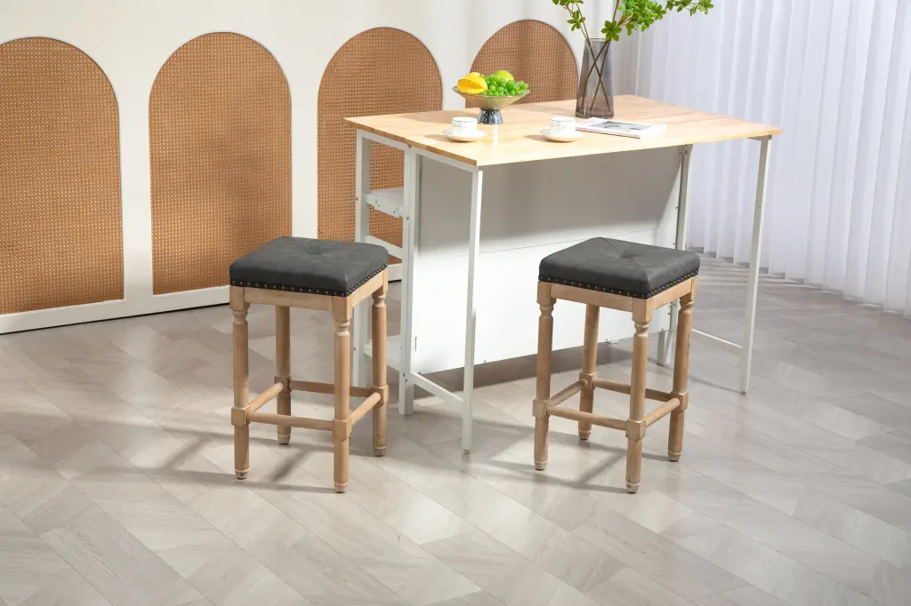 Tufted 26 Inch Stools Wooden Counter Stools Set 2 Dark Gray Rubber Wood w1762