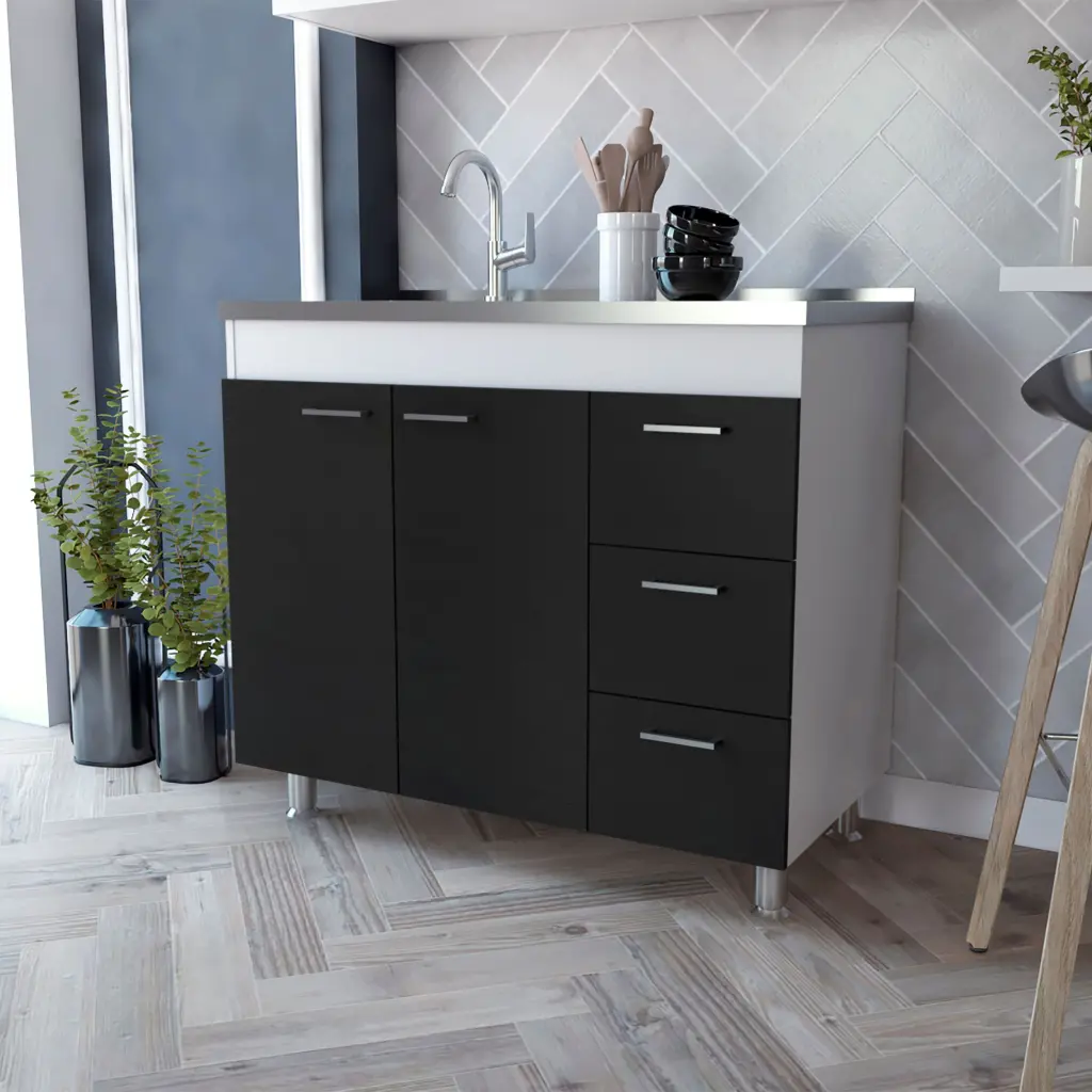 Ferretti Base Cabinet Three Drawers and Double Doors, White and Black Four-Leg Design tuhome