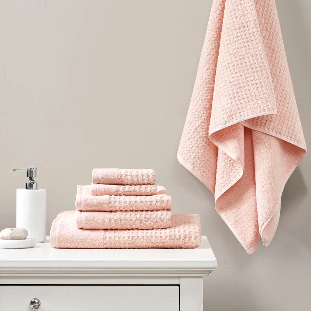 Cotton Waffle Jacquard Antimicrobial Bath Towel 6 Piece Set - Pink Cotton jla